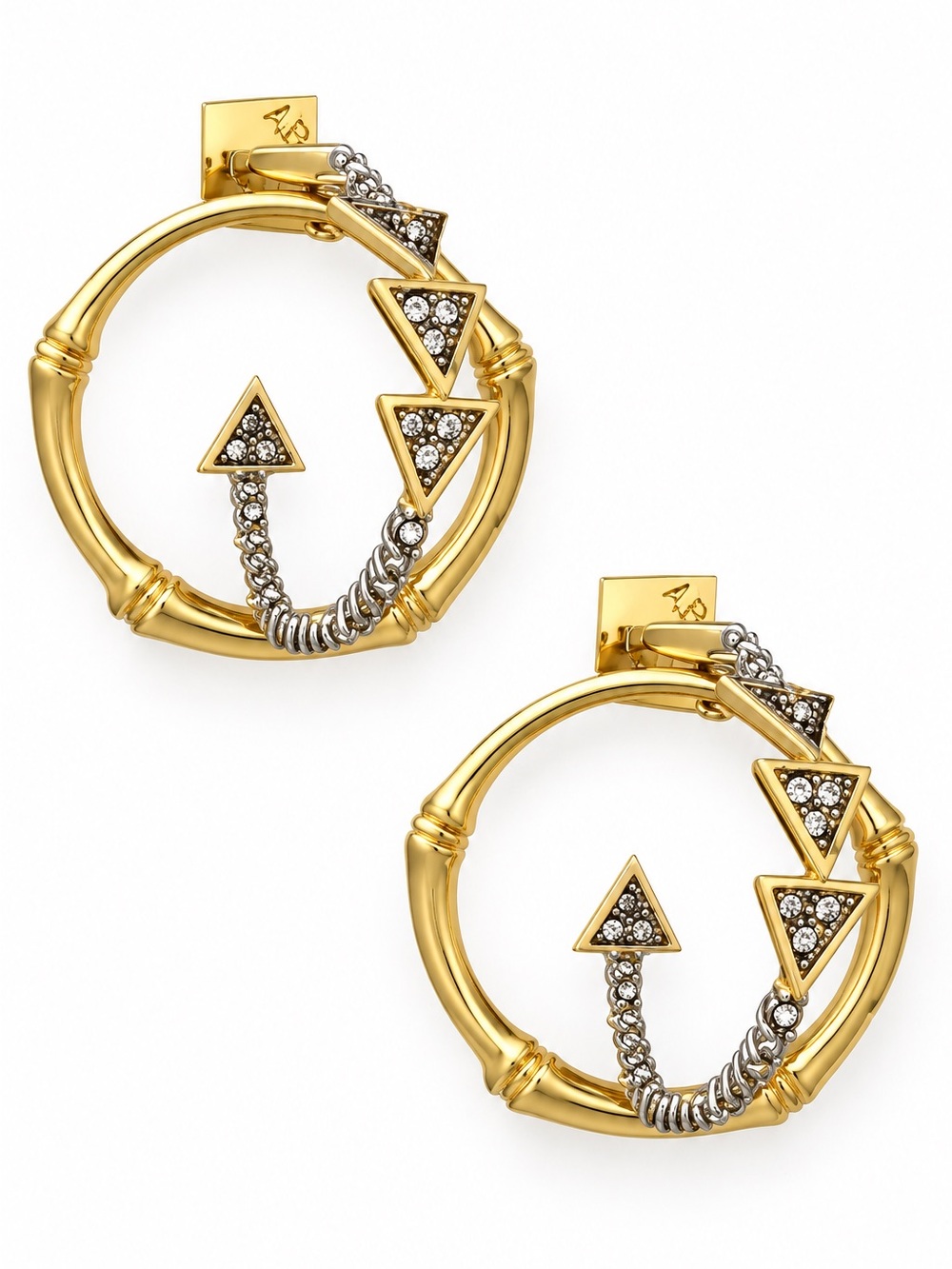 Alexis Bittar Gold and Silver Arrow Hoop Earrings with Crystal Detail